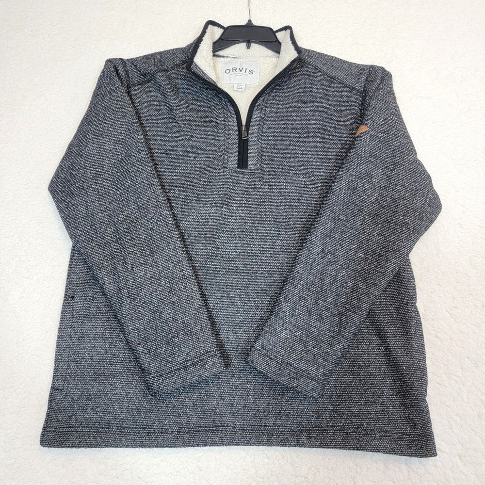 Orvis Pullover Men XL Gray Sherpa Lined Quarter Zip Textured Knit Sweater